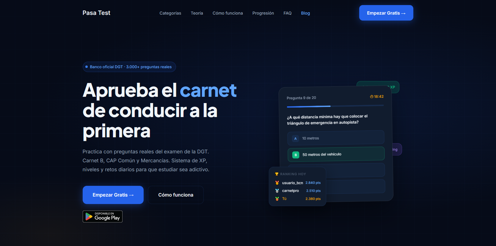 PasaTest — plataforma web para preparar el carnet de conducir