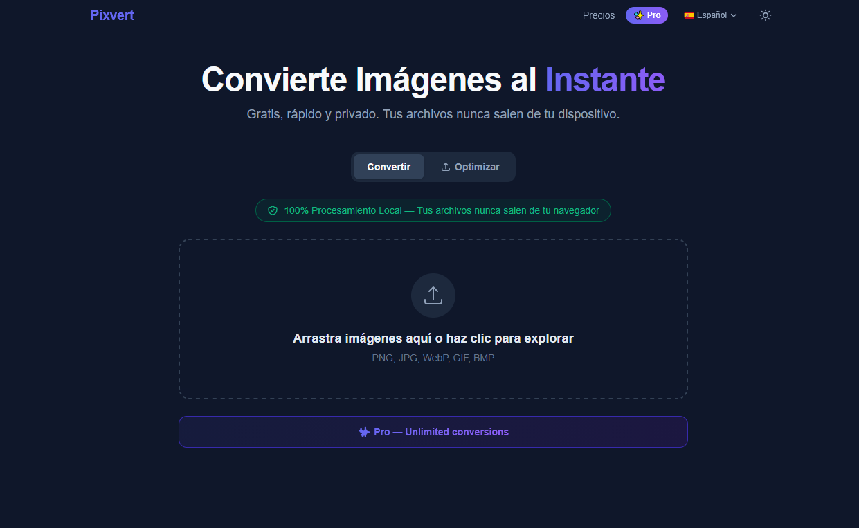Pixvert — conversor de imágenes online con procesamiento local
