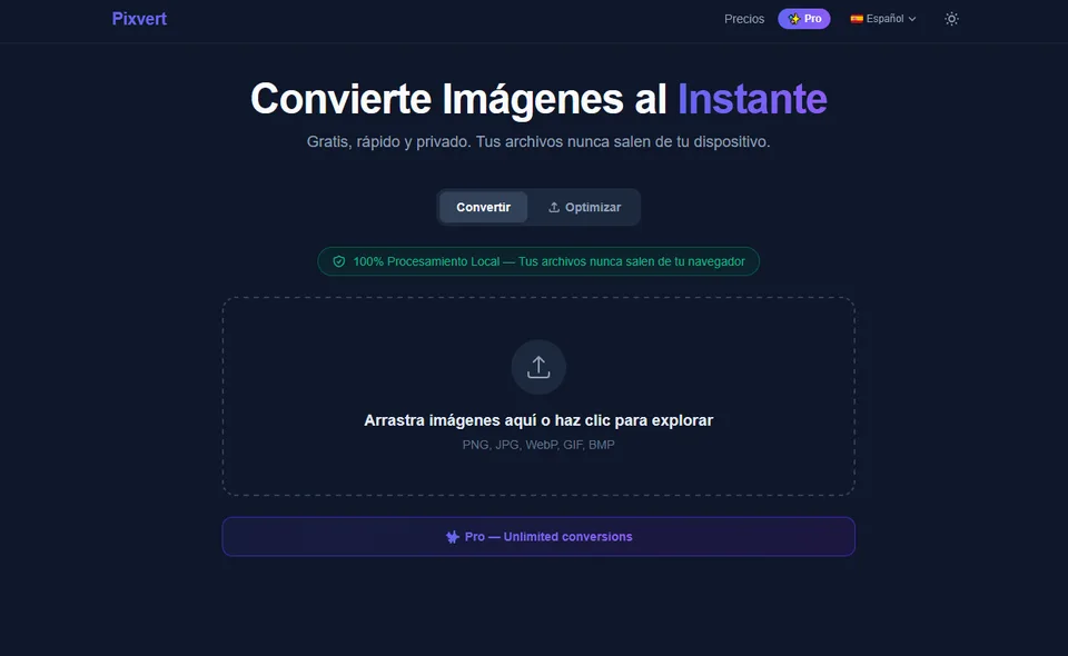 Pixvert — conversor de imágenes online con procesamiento local